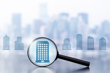 Property investment and searching for property. Magnifier and many building icons on cityscape...