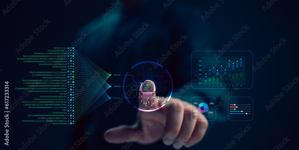 Aufkleber AI technology to help manage big data. Learning of Artificial Intelligence for Business Analytics. Data Mining, analyzing and visualizing complex data, innovation for futuristic, business automation.
