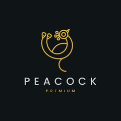 Peacock line art elegant gold color logo icon design template flat vector illustration