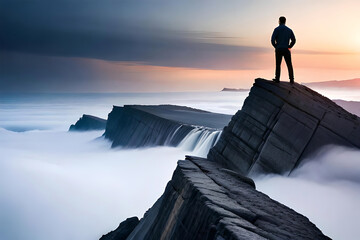 silhouette of a person in the mountains above the clouds
