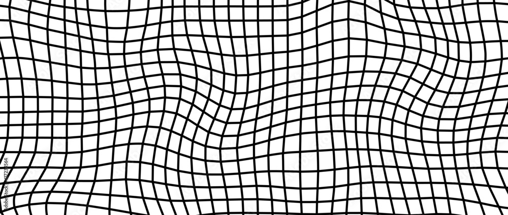 Leinwandbilder Distorted wireframe background. Abstract wavy lattice wallpaper. Warped and curved grid surface pattern. Black and white geometric texture with optical illusion effect. Vector illustration