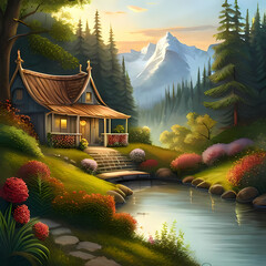 wooden house by the lake near mountains