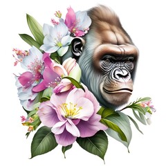 pink and white flower, gorilla with flowers on white background