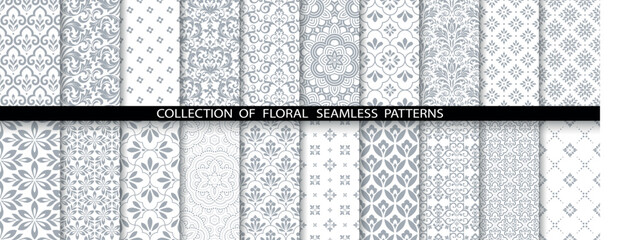 Geometric floral set of seamless patterns. White and gray vector backgrounds. Damask graphic ornaments