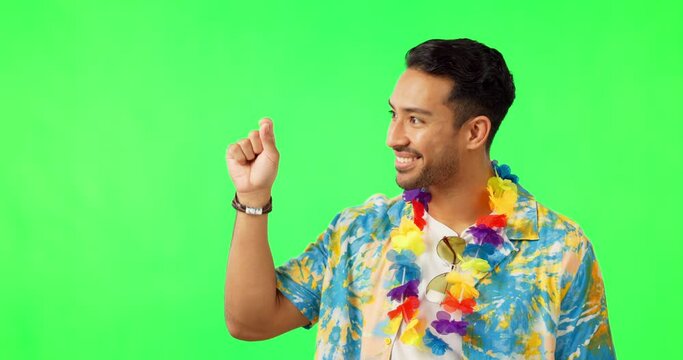 Man, hand and list on green screen for vacation, holiday or travel for checklist or schedule. Portrait of happy person with calendar to check goal, advertising promo for Hawaii with flowers and space