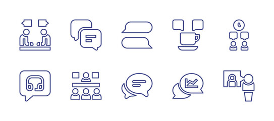 Conversation line icon set. Editable stroke. Vector illustration. Containing negotiation, chat, speech bubble, coffee mug, time, consulting, meeting, dialogue.