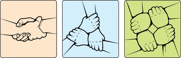 Unity and teamwork symbols.  Two, three and four hands joining and friendship. Together we can work better theme. Editable vector, Easy to reuse. eps  10.