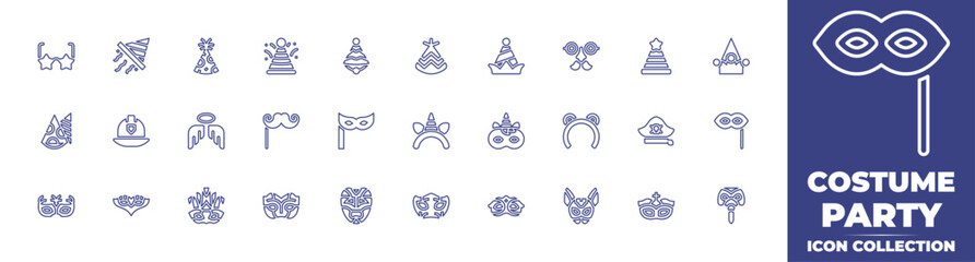 Costume party line icon collection. Editable stroke. Vector illustration. Containing party glasses, party hat, firefighter helmet, angel, mustache, eye mask, headband, unicorn, bear, pirate, and more.