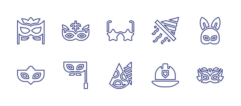 Costume party line icon set. Editable stroke. Vector illustration. Containing carnival mask, eye mask, party glasses, party hat, rabbit mask, mask, firefighter helmet.