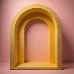 Fototapeta premium Empty sunshine yellow concrete arch display stand with a vibrant texture, illuminated by gentle and captivating dappled sunlight, against a blush pink wall
