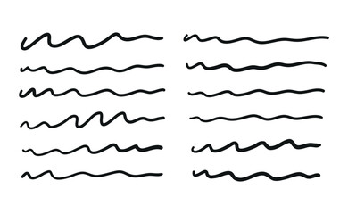 Set of bold pen scribble lines, vector hand drawn brush stripes, pencil underline, marker wavy strokes collection. Doodle illustration isolated on white background.