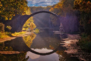 Fensteraufkleber Rakotzbrücke Rakotzbrücke - Devil's Bridge -  Kromlau - Rhododendron Park - Mystisch - Teufelsbrücke - Spiegelung -  Saxony - Germany - Autumn - Reflection -  Water - Amazing - Arch