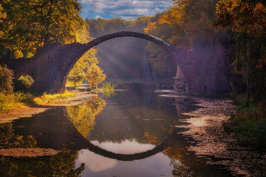 Rakotzbrücke - Devil's Bridge -  Kromlau - Rhododendron Park - Mystisch - Teufelsbrücke - Spiegelung -  Saxony - Germany - Autumn - Reflection -  Water - Amazing - Arch