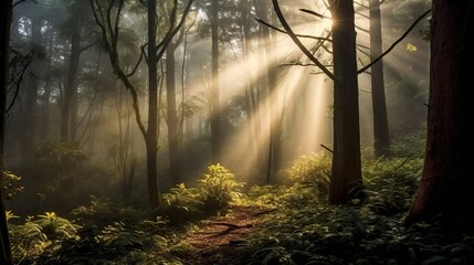 rays of sunlight breaking through the treetops Generative AI