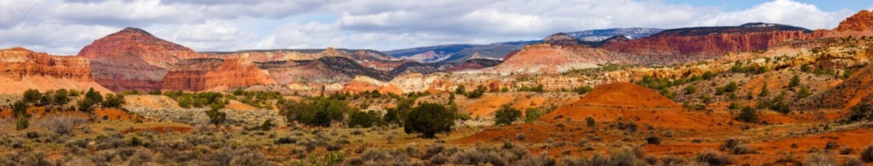 Obraz premium Scenic panorama landscape view of Utah State Route 24 near Torrey, Utah. Selective focus, background blur and foreground blur. 