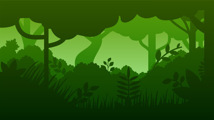 Obraz premium Forest landscape vector illustration. Deep forest silhouette with tree, bush, leaf and plant. Deep jungle landscape for background, wallpaper, display or landing page. Vector gradient style