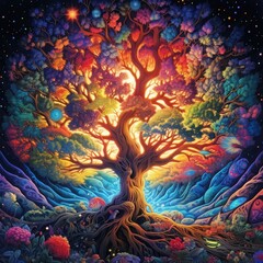 Fototapeta na wymiar Colorful Tree in the night Sky
