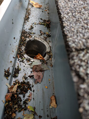 Cleaned downspout in aluminum gutter cleared of leaves, No need to climb a ladder Cleaned downspout opening and snaked them out removed leaves,  twigs, and debris. Aluminum gutters no longer overflow