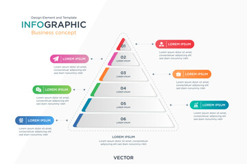infographic business concept. Pyramid Text Box 6 Step Design Element and Template on Background Gray Light Mode. In Vector