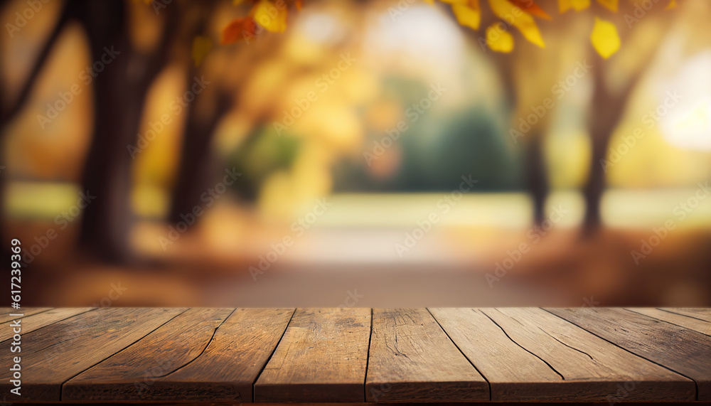 Wall mural Empty wooden table with autumn theme in background