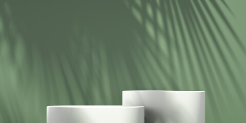 Product podium mockup display on green and white background with tree shadow,summer background,3D render illustration