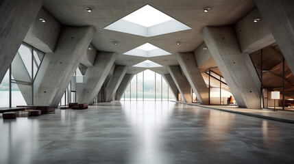 Architectural design of modern concrete hall. Created with Generative AI.