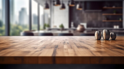 Fototapeta na wymiar Empty wooden table with blur kitchen background created with Generative AI