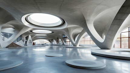 Futuristic concrete architecture and empty floor. Created with AI generative.