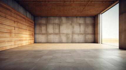 Indoor perspective view of empty concrete floor with cement structure. Created with Generative AI.