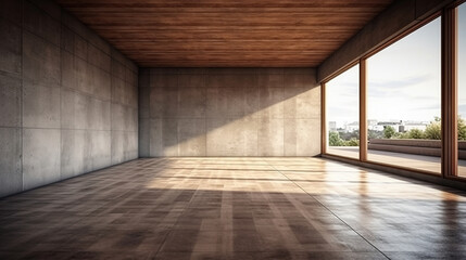 Indoor perspective view of empty concrete floor with cement structure. Created with Generative AI.