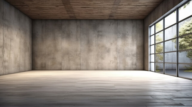 Indoor perspective view of empty concrete floor with cement structure. Created with Generative AI.