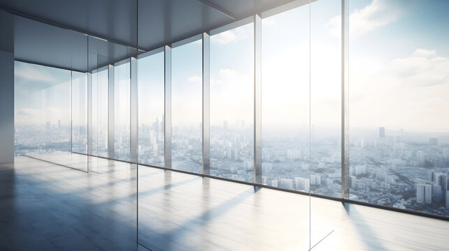 Fototapeta Empty space of modern interior business building with big glass windows and skyline view created with Generative AI