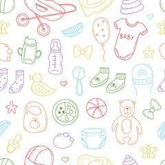 Hand drawn seamless pattern of baby shower elements, toy, ball, milk bottle, sock. Doodle sketch style. Baby element drawn by digital pen. Vector illustration for wallpaper, background, textile design
