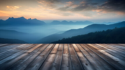 Fototapeta na wymiar Empty wooden table with beautiful landscape mountain background created with Generative AI