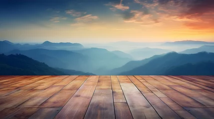 Rolgordijnen Empty wooden table with beautiful landscape mountain background created with Generative AI © kimly