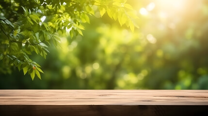 Empty wooden table with green natural background created with Generative AI