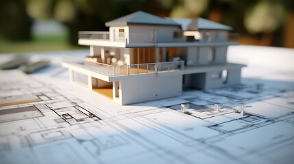 Fototapeta 3d small house model on architecture floorplan created with Generative AI obraz