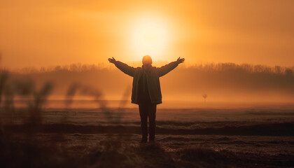 Fototapeta premium Silhouette standing, arms raised, enjoying carefree sunset generated by AI