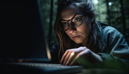 One young woman sitting indoors, looking at laptop generated by AI
