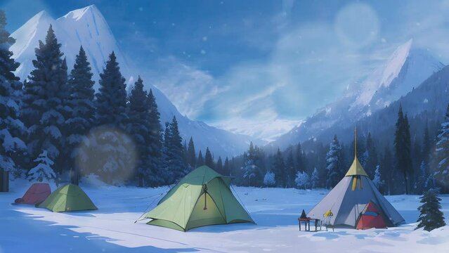 natural scenery of mountains during winter and snowing in Japanese anime or cartoon watercolor painting style. camping and tent adventure atmosphere. seamless and looping animated videos.