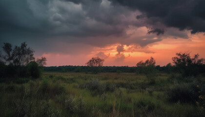 Fototapeta premium Sunset over the African savannah, dramatic sky generated by AI