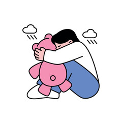 A child is sitting on the floor holding a teddy bear and crying. outline simple vector illustration.