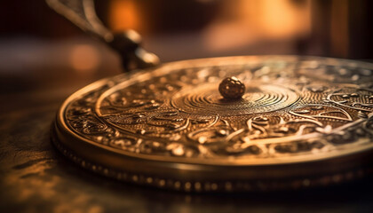 Antique coin on table, symbol of wealth generated by AI
