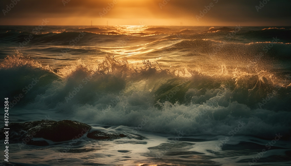 Poster Sunset surf splashing on rocky waters edge generated by AI