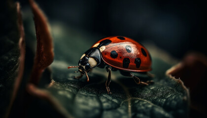 Spotted ladybug crawling on green leaf generated by AI