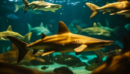 Obraz premium School of fish swimming in coral reef generated by AI