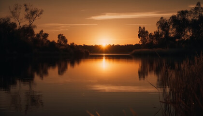 Orange sunset reflects on tranquil water landscape generated by AI