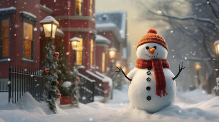 Naklejka premium Snowman in the snowy street, Created with generative AI