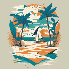 a picture of a sailboat on a beach with palm trees t-shirt design
