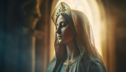 Women praying to God at Catholic statue generated by AI
